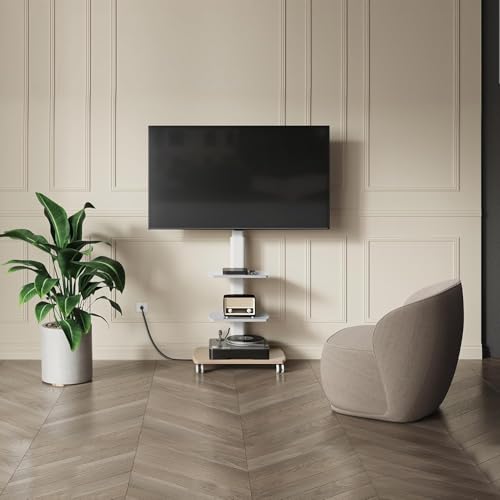 FITUEYES Rolling TV Stand with Power Outlets, Swivel Portable TV Stand for 32-70Inch LCD LED OLED Flat/Curved Panel Screen TVs, Height Adjustable&Wood Base, Mobile TV Cart with 2 Shelves - color: White, style: With Wheels & Power Strip