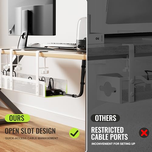 [Upgraded] 2 Pack Cable Management Under Desk Tray, Xpatee 27.6" No Drill Open Slots Cable Management Tray, Cord Wire Organizer Box with Clamp for Table Thickness up to 3" - No Desk Damage(White) - color: White, size: 2 Pack (Upgraded Mesh)
