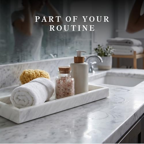 Bey-Berk Atticus Marble Bath Tray (White), 14.25" x 3.75" x 4", Genuine Stone Vanity Organizer - color: White