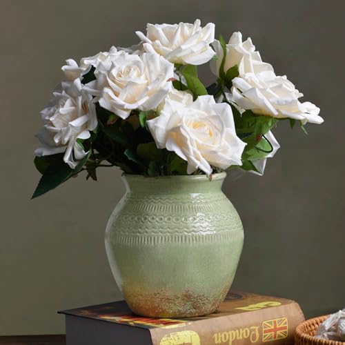 Quoowiit Ceramic Rustic Farmhouse Vase, Green Distressed Flower Vase for Home Decor, Boho Decorative Vases for Centerpiece Table Decorations, Vases for Living Room Kitchen Entryway Mantle Shelf Decor - color: Green