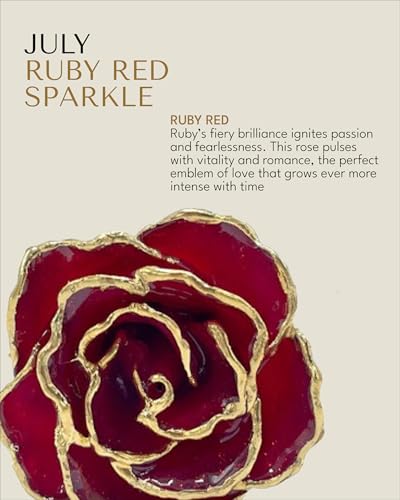 Forever Rose Hand-Dipped in 24K Gold, Ruby Red-Inspired July Birthstone with Sparkles, Real Rose in Luxury Gold Gift Box & Clear Glass Bud Vase –Perfect Ready to Gift for July Birthday or Any Occasion - color: July Ruby