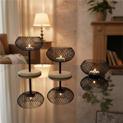 Modern Iron Mesh Candle Holder Set with Bamboo Base, Stylish Dining Table Centerpiece Decor, Lightweight Yet Sturdy Metal Votive & Tea Light Stand for Home Ambiance(3PCS) - size: 3PCS
