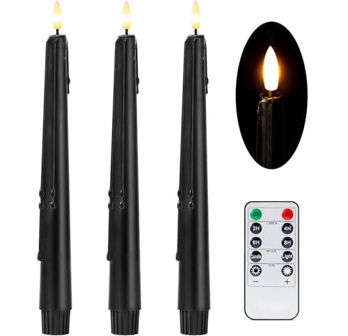 Stmarry Black Flameless Taper Candles with Remote and Timer - 9.65 Inch Real Wax LED Candlesticks - Wax Drip Battery Operated Halloween Taper Candles with 3D Flickering Flame Halloween Decor, 3 Pack - color: Black, size: 3 Pack