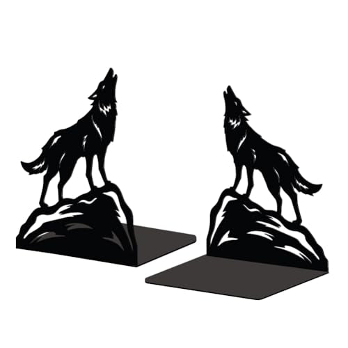 Peacoblue Metal Bookends for Shelves, Modern Decorative Heavy Duty Study Book Support Stoppers for Office, Desk, Shelf, Room 5.3"x4.3"x6.4" Cast Iron Simple Tall Bookends, 1 Pair (Howling Wolf) - style: Howling Wolf