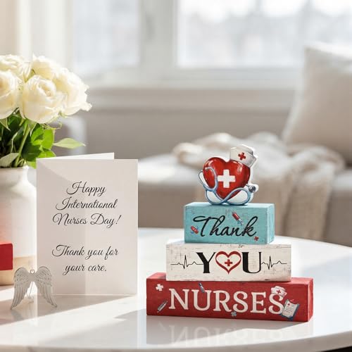 Smile Nurses Month Wooden Tabletop Decor Thank You Nurses Desktop Plaque with Heart & Stethoscope Indoor Home & Office Decor - Nurse Appreciation - style: Nurse
