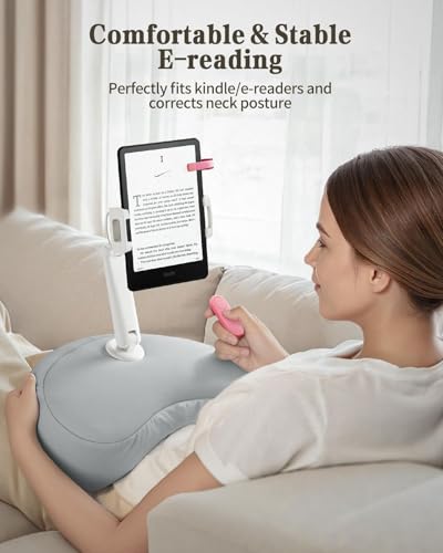 SAIJI Tablet Pillow Stand for Bed – iPad & Kindle Holder with Flexible Dual Axis Arm & Microbead Cushion, 360° Adjustable Lap Beanbag Phone Holder Fits Devices with 4.7"–15.6" Screens (Gray) - color: Gray