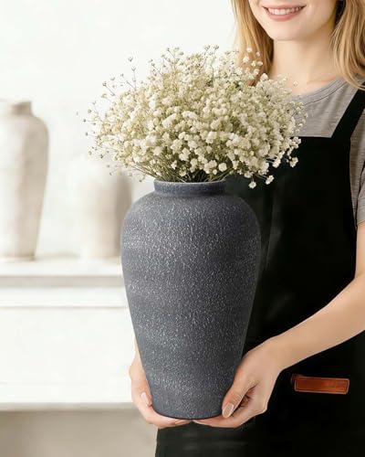 Large Ceramic Flower Vase 11 Inches, YBX Black Rustic Ceramic Vase, Decorative Farmhouse Tall Vase for Home Decor, Living Room, Bedroom, Centerpieces, Console, Wedding, Table Decorations, Black - color: Rustic Black-11"