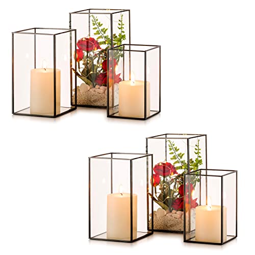 Nuptio Glass Candle Holders Hurricane Holder for Pillar Candles 6 Pcs Black Metal Candle Holders Large Rectangular Candleholder Vase Centerpieces Decoration for Wedding Fireplace 9.5 & 8.1 & 6.5 inch - color: Black, size: 9.5 & 8.1 & 6.5 inch H - 6 Pcs