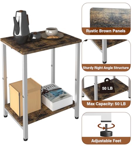 2 Tier Side Table, Heavy Duty End Table with Shelves, Narrow Nightstand Table for Small Spaces, Record Player Table for Bedroom, Living Room, Sofa Couch - Rustic Brown & White - color: White, size: 2-Tier