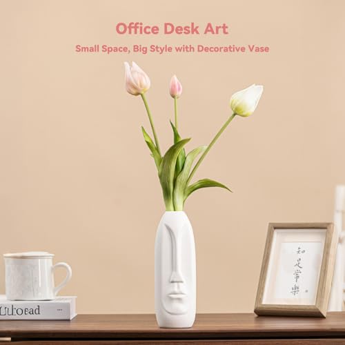 White Ceramic Face Vase - 8.4" Unique Flower Vase with Matte Finish, Decorative Boho/Farmhouse Vase for Pampas Grass & Centerpieces, Living Room/Office Desk Decor & Gift for Her/Yourself - color: White