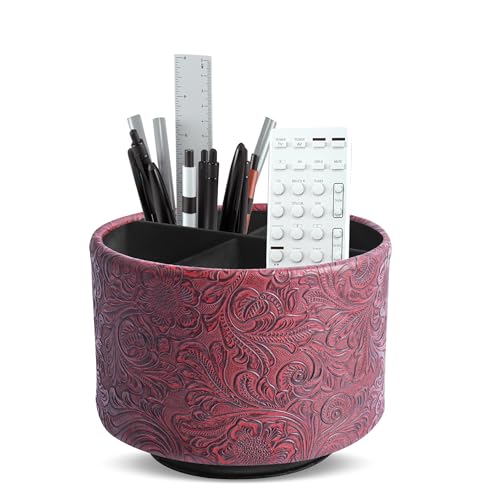 lizimandu Round Leather Art Supply Organizer,Remote Control Holder,360 Degree Spinning,Multi-Functional Pencil Holder,4 Compartments Desktop Stationary Organizer(1-Carved Red) - color: 1-Carved Red