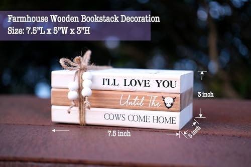 LIVDUCOT Highland Cow Wood Book Stacks Decor - Rustic Farmhouse Decorative Books Sign for Home Coffee Table Mantle Fireplace Shelf Decorations - I'll Love You Until the Cows Come Home 7.5x5x3' - color: Cow