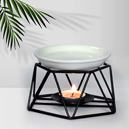 SXCHEN Delicate Romantic Hexagon Shaped Geometric Design Ceramic Tealight Candle Holder Oil Burner, Essential Oil Incense Aroma Diffuser Furnace Home Decoration Stylish Design Black Metal - color: Black