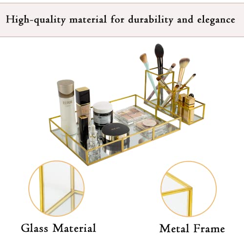 Gold Metal Frame and Glass Vanity Tray Set, Large Decorative Platform for Perfumes, Makeup Brushes, Jewelry Display, Office Stationery Holder, Sophisticated Design, 12.2x8.5x2.2 in - style: Tray-Holder