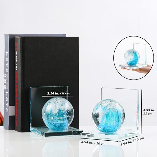 Arikyrist 1 Pair Crystal Bookends for Heavy Books with Hand Blown Ocean Waves Ball Glass Decorative Non Skid Bookends for Bookshelf Office Home (Lake Blue and Dark Green) - color: Lake Blue and Dark Green