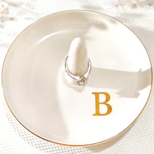 Ceramic Initials Jewelry Tray Ring Dish With Personalized B-Monogrammed Engagement Wedding Gifts, for Birthday Mother's Day for Women, Ceramic White 4.7" x2.4" - style: B