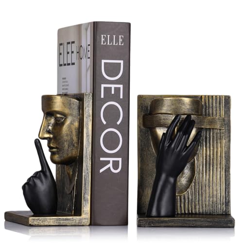 Novelty Book Stopper - Face Sculpture Decorative Bookends,Modern Abstract Art Book Ends for Heavy Books,Shelves, Home Office Decor Aesthetic,Unique Bookshelf Accessories(Brass-Look Bookends) - color: A-vintage Gold