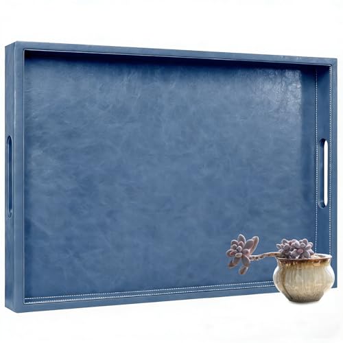25x18 inches Leather Ottoman Serving Tray with Hole Handles, Rectangle Large Modern Service Tray for Living Room, Coffee Table, Bed, Tea, Food, Butler Countertop, Kitchen, Dinner, Picnic (Blue) - color: Blue, size: 25" x 18" x 2"