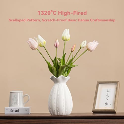 White Ceramic Vase with Ruffled Rim & Scalloped Texture - 8.5" Unique Flower Vase for Pampas Grass & Centerpieces, Decorative Boho/Farmhouse Vase for Living Room, Office Desk & Gift for Her/Yourself