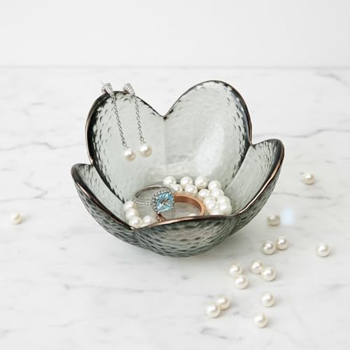 Black Flower Ring Dish Jewelry Tray, Small Glass Trinket Tray for Rings Earrings, Present for Wife Mom Daughter Women - color: Black