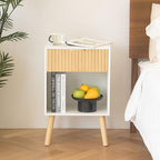 Fultyle Nightstand, Modern Bedside Table with Drawer and Open Shelf, Fluted Night Stand with Solid Wood Legs for Bedroom, Living Room, Office (White Oak) - color: White Oak