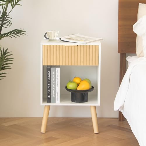 Fultyle Nightstand, Modern Bedside Table with Drawer and Open Shelf, Fluted Night Stand with Solid Wood Legs for Bedroom, Living Room, Office (White Oak) - color: White Oak