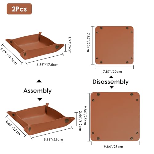 2 Pack (Size:9.84"&7.87") PU Leather Jewelry Valet Tray,Portable Entryway Table Nightstand Desk Tray Catchall Travel Plate Organizer for Phone, Keys, Wallet, Watch,Coin (Brown) - color: Brown