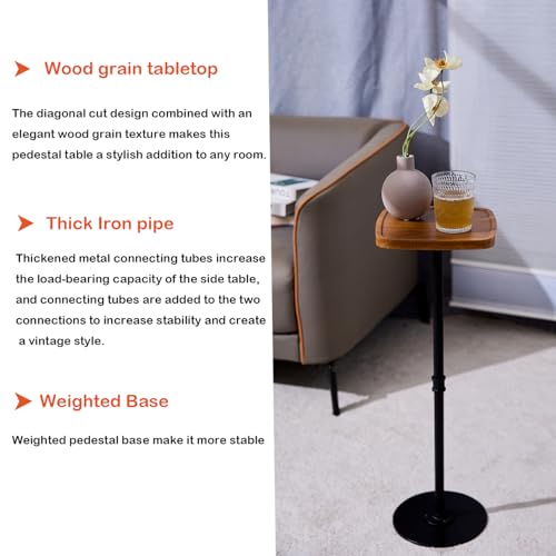 Drink Table, Small Pedestal Side Table, Cocktail Martini Tables Drink Stand, Modern Square Tiny Accent End Table with Metal Base for Small Spaces Living Room Bedroom Office Bar (Brown) - color: Nature