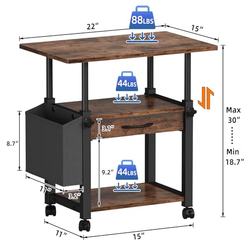 YAOHUOO Large Printer Stand with Storage Drawer and Side Bag, 3-Tier Height Adjustable Table for Home Office, Fits Heat Press/Laser/3D Printer (Rustic Brown) - color: Rustic Brown, size: 3-Tier