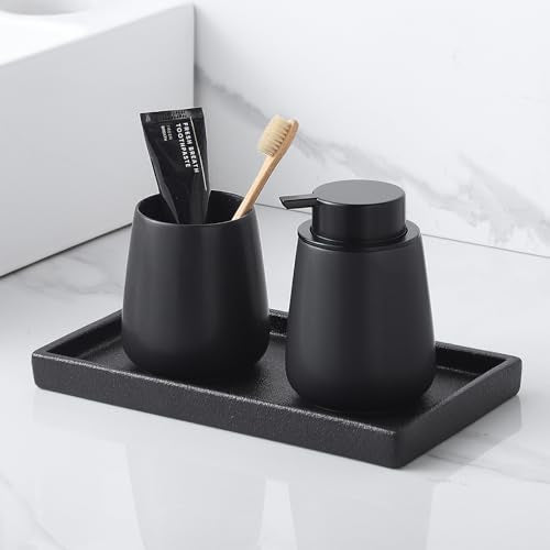 Bathroom Vanity Tray - 11'' Ceramic Rough-Textured Rectangle Countertop Tray, Heavy-Duty Perfume Organizer Plate, Jewelry Ring Tray, Kitchen Soap Dispenser Stone Trays, Black - color: Black