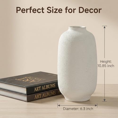 White Ceramic Flower Vase Home Decor - Large Tall Farmhouse Table Vases Rustic Living Room Kitchen Bedroom Decorations for House Book Shelf Office Coffee Desk，Hand-Made Textured Surface (10.8“ H) - color: White-10.8"tall, size: 10.8"-Cylinder