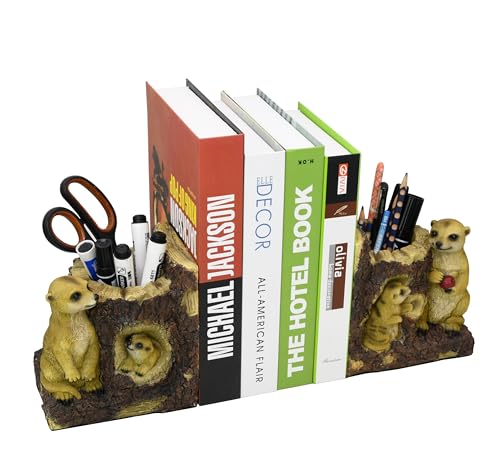 Owlgift Meerkat Bookends, Pair Decorative Pencil Holders for Shelves or Bookcase, Non-Skid Heavy Bookends, Home Décor Gift, Anti-Slip Base Book Stopper - color: Meerkat