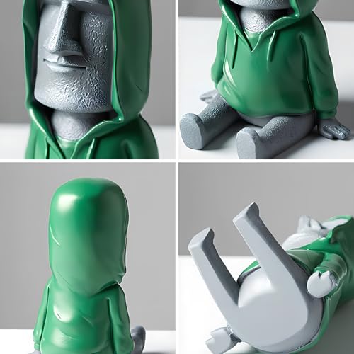Moai Statue Phone Holder - Creative Easter Island Desk Stand for Cell Phone & Pen, Resin Desktop Organizer with Green Hoodie Design for Office Home Decor - color: Gray