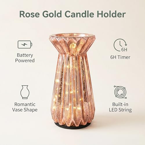 Home Decor, Mercury Glass Pillar Candle Pedestal Holders with led Lights, Lighted up Candle Holder for Pillar Candle, Glass Candlestick Holders with Timer for Wedding Dining Table Xmas (Rosegold) - color: Rosegold