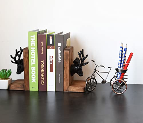 Vintage Cast Iron Deer Head & Antlers Design Decorative Elk Bookends for Shelves, Buck Book Holders, Reindeer Book Organizer, L-Shaped Wooden Desk Organizer, Heavy Duty Non-Skid Bookends (1 Pair) - color: Rustic Burnt