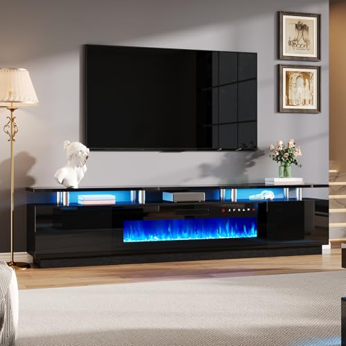 AMERLIFE 90" High Gloss 2 Tier TV Stand with 50" Electric Fireplace, Modern Luxury Large Entertainment Center/w LED Lights, Media Console Table Storage Cabinet for TVs Up to 100", Living Room, Black - color: Black, size: 90"