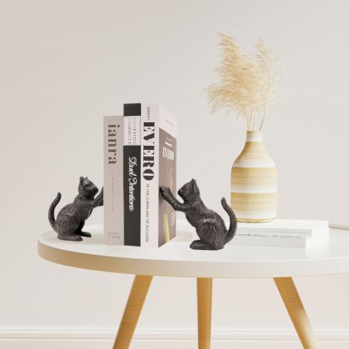 Book Ends for Shelves, Cat Bookends for Heavy Books, Cast Iron Cats Sculptural Bookend Pair with Anti Slip Base Book Stopper for Shelves Books Home Office Vintage Shelf Decor