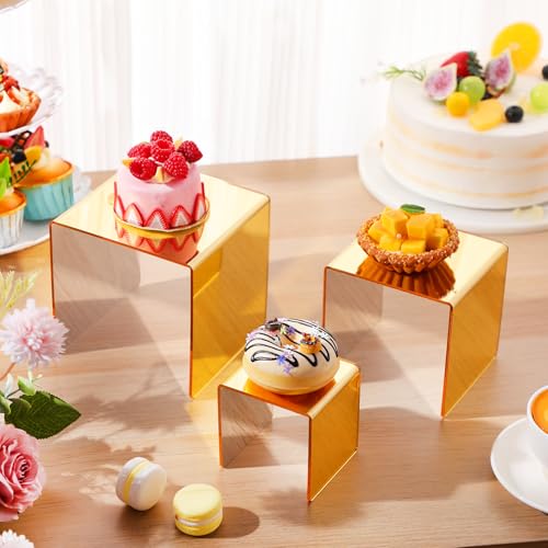 Chuangdi 2 Sets Acrylic Display Risers, Product Stand, Jewelry Display Riser Shelf Showcase Fixtures for Dessert Cupcake Candy Figure Treat Action Showcase (Gold,Medium Set) - color: Gold, size: Medium Set