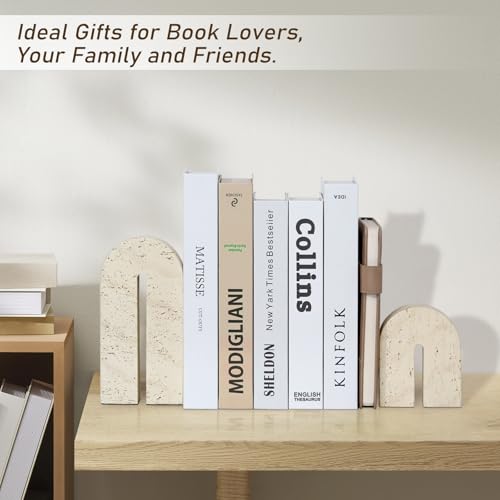 BOHDK Book Ends for Shelves, Resin Heavy Duty Decorative Bookends, Retro Arch Book Holder for Heavy Books, Imitation Travertine Book Stopper for Home Decor, Study, Bookshelf, Desktop, Set of Two