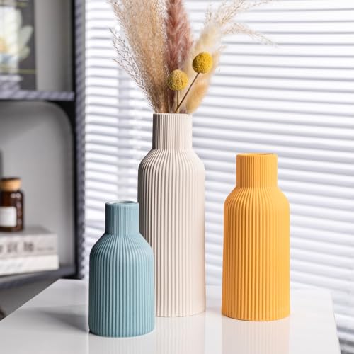 Colorful Ceramic Vases Set of 3 (White, Yellow, Blue) - Modern Matte Ribbed Color-Block Vases for Dried Flowers - Scandi Boho Decor Centerpieces for Living Room & Shelf - color: White/Yellow/Blue