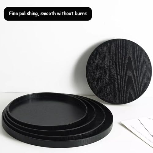 Round Wood Serving Tray, Solid Wooden Decorative Tray Non-Slip Tea Coffee Table Tray Snack Plate Food Meals Serving Tray with Raised Edges for Home Decor Kitchen Restaurant(10.6inch, Black) - size: 10.6"