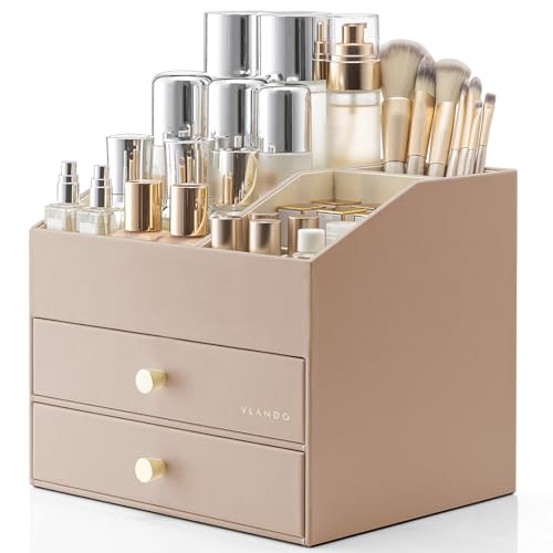 Vlando Makeup Organizer for Vanity,Large Capacity Countertop Organizer with Drawers, PU Leather Cosmetic Display Case for Lipstick,Brushes,Skincare,Bedroom Storage (Toffee) - color: 3 layers-Toffee
