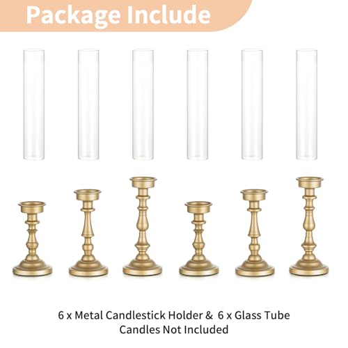 NUPTIO Gold Candlestick Holders Bulk: Set of 6 Tall Hurricane Glass Taper Candleholders - Vintage Candles Stick Stand for Wedding Bridal Shower Birthday Party Centerpiece Decor