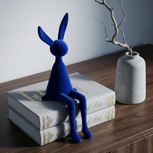 Klein Blue Flocked Bunny Figurine, Modern Sitting Rabbit Sculpture, Resin Abstract Animal Art Statue for Home Decor, Bookshelf Accent (Small)