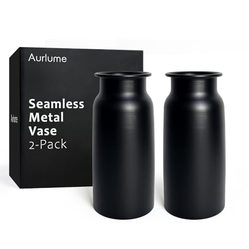 Set of 2 Black Seamless Wide Mouth Metal Flower Vase, 10.8" Tall Modern Matte Black Floral Vase Pair, Shatterproof Leakproof, Industrial Home Decor Centerpiece for Table, Mantle, Shelf - color: Black