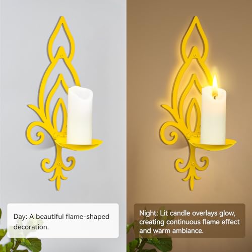 Wall Candle Sconces Set of 2, Vintage Flower-Shaped Metal Candle Holders for Pillar, Tealight, and LED Candles, Rustic Decorative Wall Decor for Living Room Dining Room (Golden Yellow) - color: Golden Yellow Flower-shaped