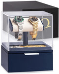 QWATCH Watch Stand Display Case - Acrylic Watch Box for 2 or 4 Watches with Jewelry Valet Tray and Drawer - color: Single - Navy / Ivory