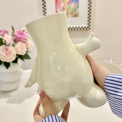 8 Inch Glossy Cute Ceramic Tulip Flower Vase for Building Block Flowers Bouquet, Beige Funky Living Room Flower Vase Decor, Unique Gifts for Men and Women, Jarrones Blancos para Flores