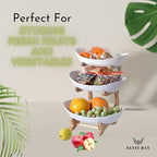 3-Tier Ceramic Fruit Bowl With Stand – Bamboo Countertop Large White Trays | Space-Saving Tiered Fruit Holder for Kitchen & Home Décor | Compact 15×35cm Design with Modern Aesthetic