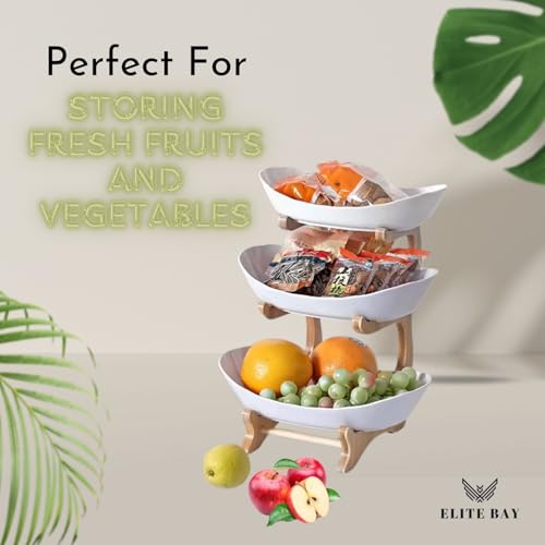 3-Tier Ceramic Fruit Bowl With Stand – Bamboo Countertop Large White Trays | Space-Saving Tiered Fruit Holder for Kitchen & Home Décor | Compact 15×35cm Design with Modern Aesthetic